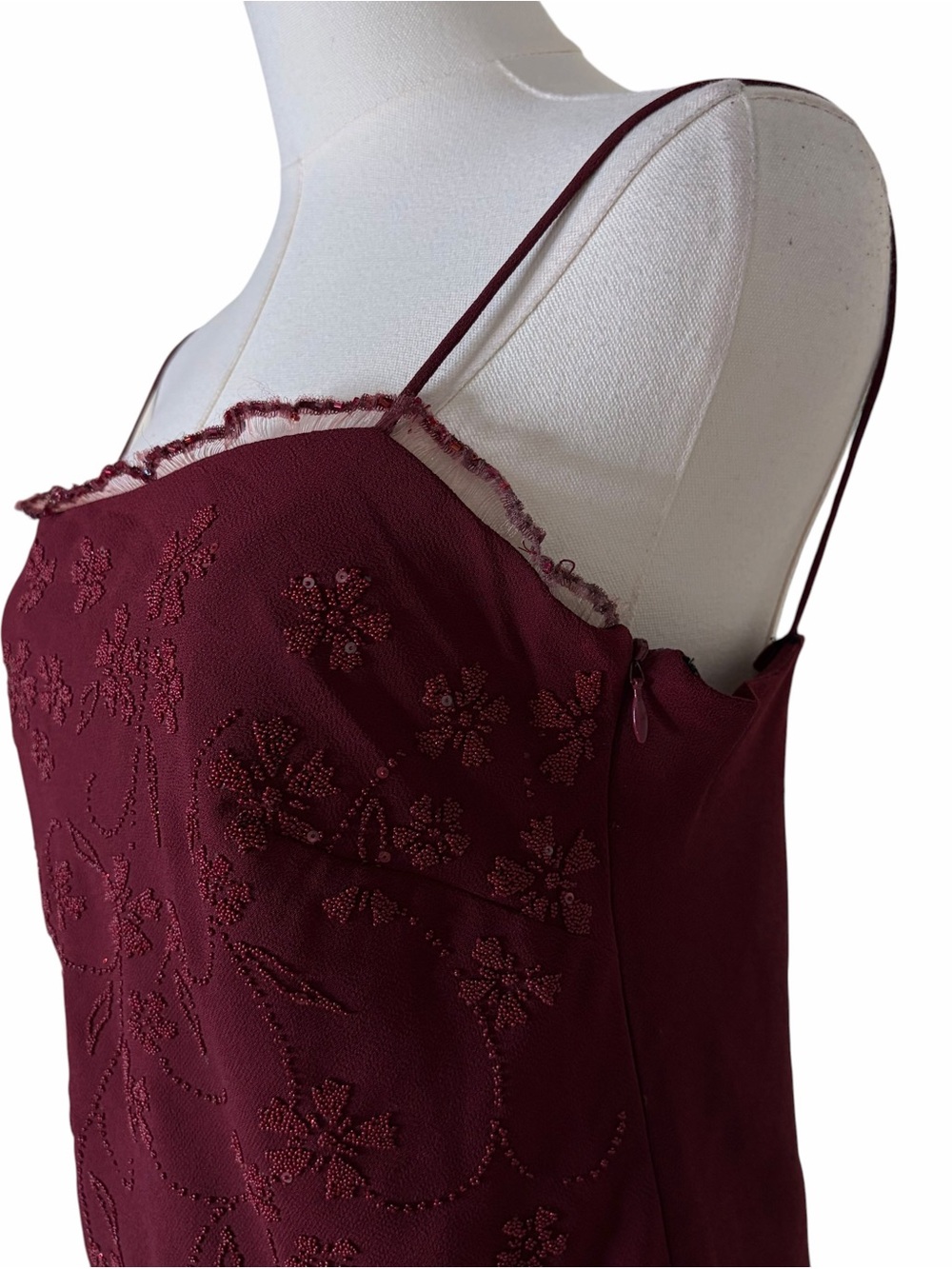 Vintage Y2K Burgundy Floral Beaded Lace Trim Strappy Maxi Dress Asymmetrical Hem - Picture 4 of 8